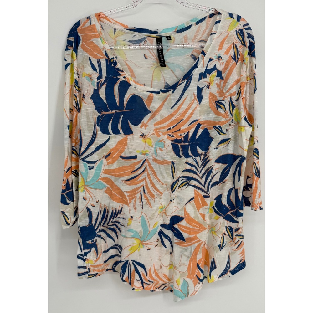 Casey Key Womens Tropical Floral‎ Palm Print 3/4 Sleeve Scoop Neck Top Sz L
